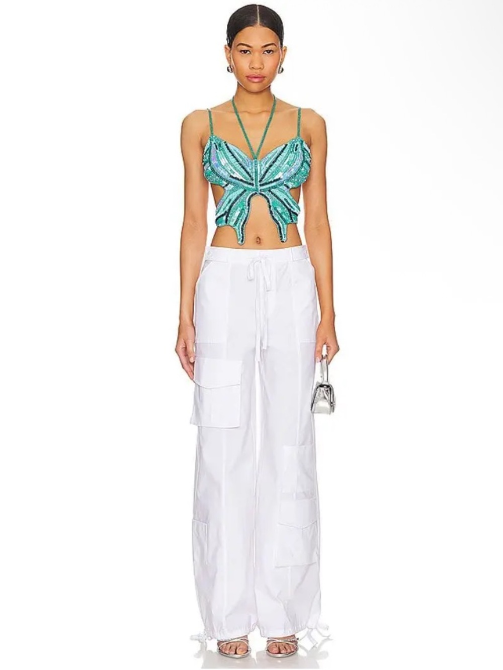 H:ours Revolve Carola Embellished Butterfly Sequin Beaded Top in Turquoise M - Picture 4 of 10